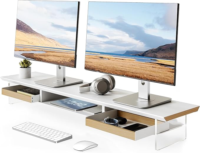 Fenge Dual Monitor Stand with Drawer, 42.5 Inch Large Monitor Riser with Acrylic Legs Supports, Computer Stand for Desk, 2 Tier Wood Desk Shelf with Storage Organizer for PC, Laptop, Printer, TV