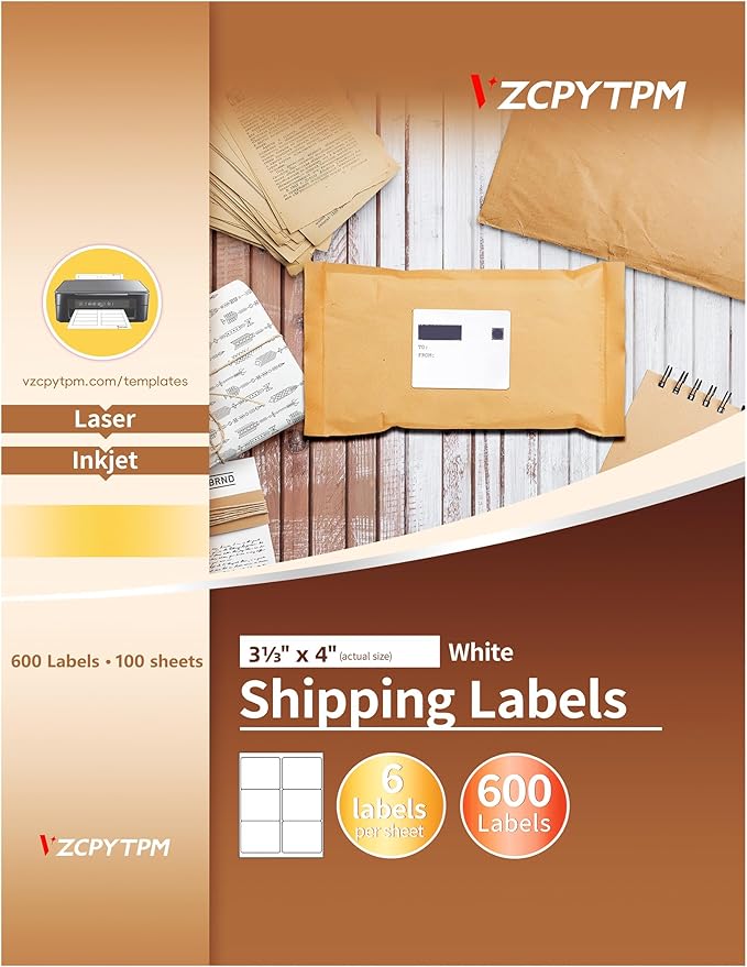 VZCPYTPM Printable Shipping Labels 3-1/3" x 4",600 Blank Labels 100 Sheets, for Printer,Mailing,Packages & Envelopes,Address Stickers