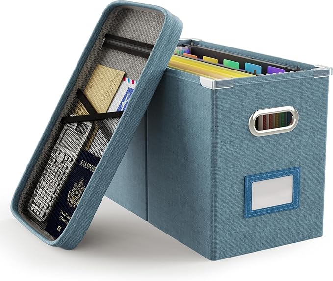 Oterri File Organizer Box with Lid, Hanging Filing File Box with Mesh Pocket, Document Organizer Box for Letter Files, Portable Storage Box with Smooth Sliding Rail for Office&Home (1 PCS, Dark-blue)