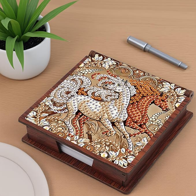 Wooden DIY Horse Diamond Art Notecard Box – DIY Gem Art Sticky Note Holder for Adults 160 Sheets Memo Pad Storage Desk