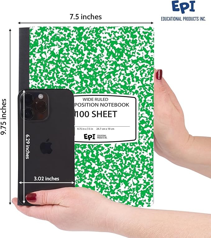 EPI 48 Pack - Green Marble Composition Notebook - Wide Ruled 200 Page Note Book - 9.75 x 7.5 Inch Hardcover Journal with Sewn Binding for Secure Pages - Classroom Back To School Supplies