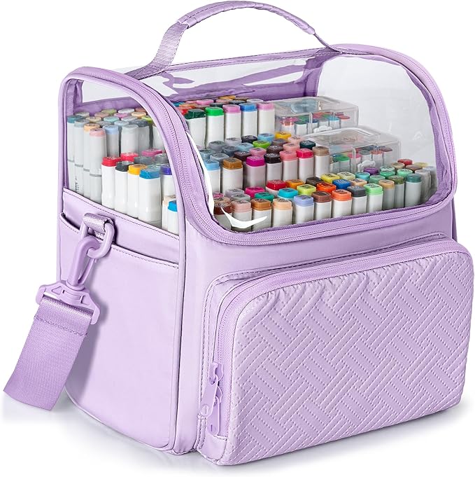 Large Marker Organizer Case for 180 Markers, Marker Storage Bag for Markers, Paint Brushes, Colored Pencils or Other Art Supplies with Dividers and Shoulder Strap (Purple)