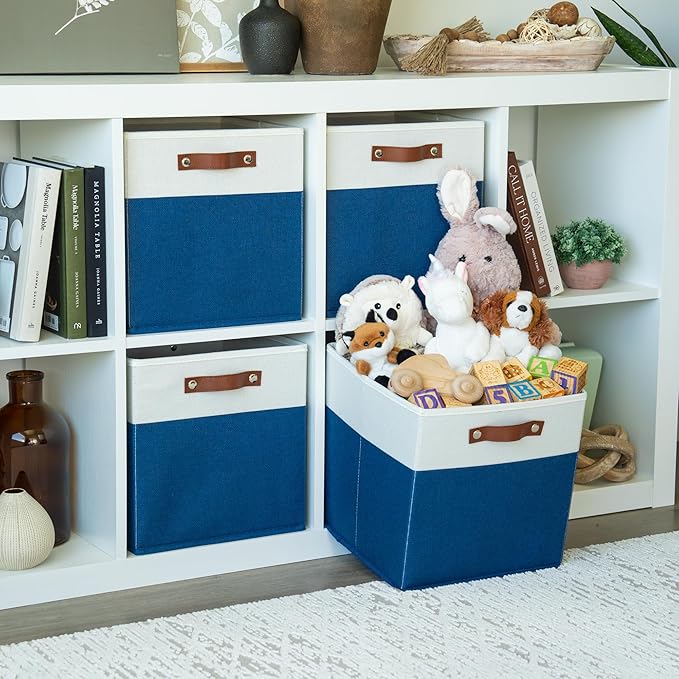 OrganiHaus 12" x 12" x 12" Fabric Cube Storage Bins - Set of 4, Cube Fabric Organizer Bins with Vegan Handles, Kallax Storage Cubes, 12 Inch Cubic Baskets for Shelves - Navy Blue