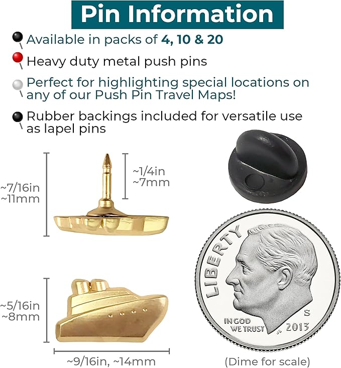 Cruise Ship Push Pins - Gold Metal Cruise Ship Pins - for Cork Board, Maps, or Lapel Pin Use - Designed in USA - Set of 10