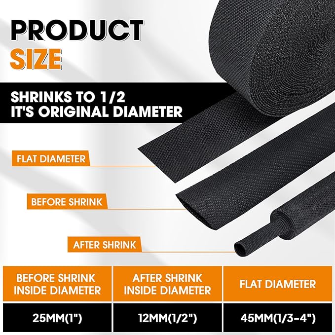 Black 2:1 Ratio Automotive Heat Shrink Braided Sleeving,Wear-Resistant Flat Woven Shrinkable Sleeve Fabric Car Cable Wires Hoses Protection (1"-66ft)