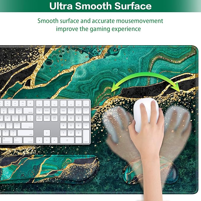 Mouse Pad Green, Desk Mat, Large Gaming Mouse Pad with Wrist Rest, 4in1 XXL Mousepad+Keyboard Wrist Rest+Mouse Pad Wrist Support+Cup Coaster Set Ergonomic Computer Desk Pad for Decor Office Women