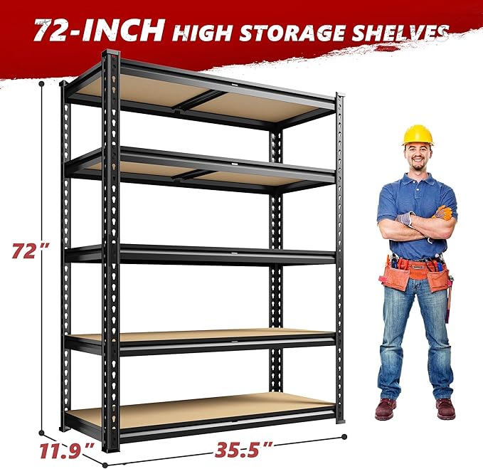 REIBII 2020LBS Garage Shelving Heavy Duty 5 Tier Storage Shelves Adjustable Garage Shelves, Utility Rack Shelf, Shelving Units for Storage Warehouse Pantry Closet, 35.5" W x 11.9" D x 72" H, 2 Pack