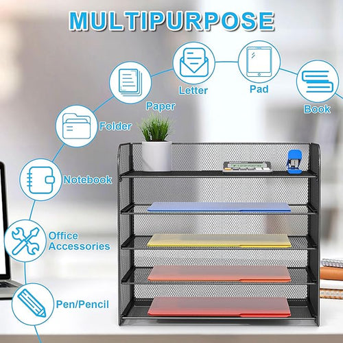2 Sets 5-Tier Paper Organizer,Paper Tray Holder for Desk,File Holder/Sorter,Legal/Letter Size,A4,File Folder Shelf Organizer for Office,Home,Solid Steel,Mesh,Sturdy,Leakproof,Large Capacity
