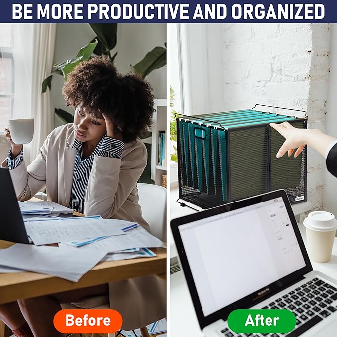 Dasher Products Hanging File Organizer Letter Size, Black Metal Mesh File Crate for Hanging Folders, Portable Document Folder Holder and Filing Bin. Ideal for Office, Home, and School Organization