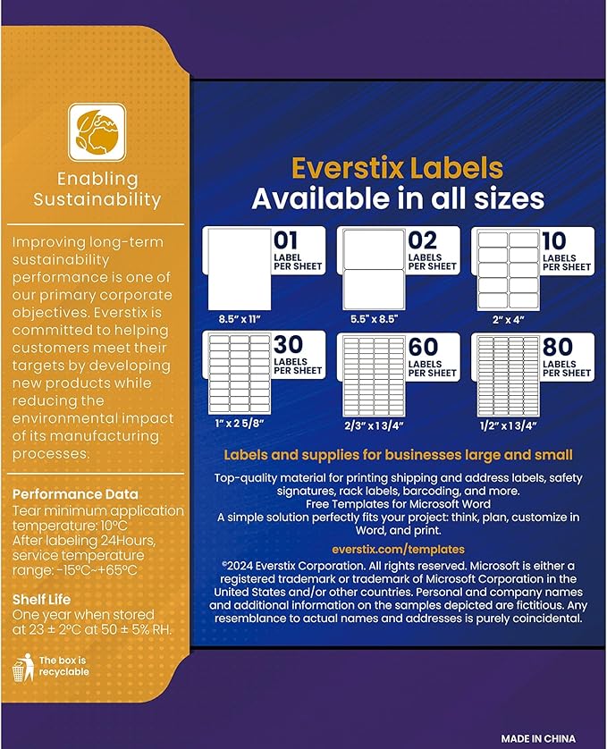 Everstix 5.5" x 8.5", 25 Sheets, 50 Printable Half Sheet Labels, Blank Mailing Labels for Laser & Inkjet Printers, Letter Size