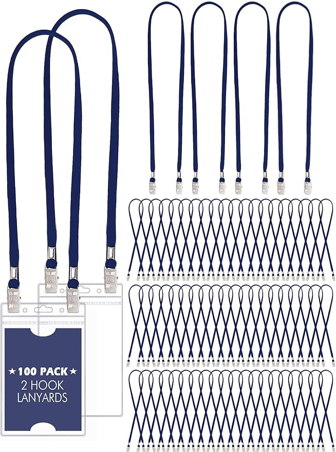 Patelai 100 Pack Double Clip Lanyards Bulk Face Mask Lanyard Twist Free 2 Hook Design Adjustable Badge Neck Strap for ID Name Badge Holder School Conference Office Class Essential (Navy Blue)