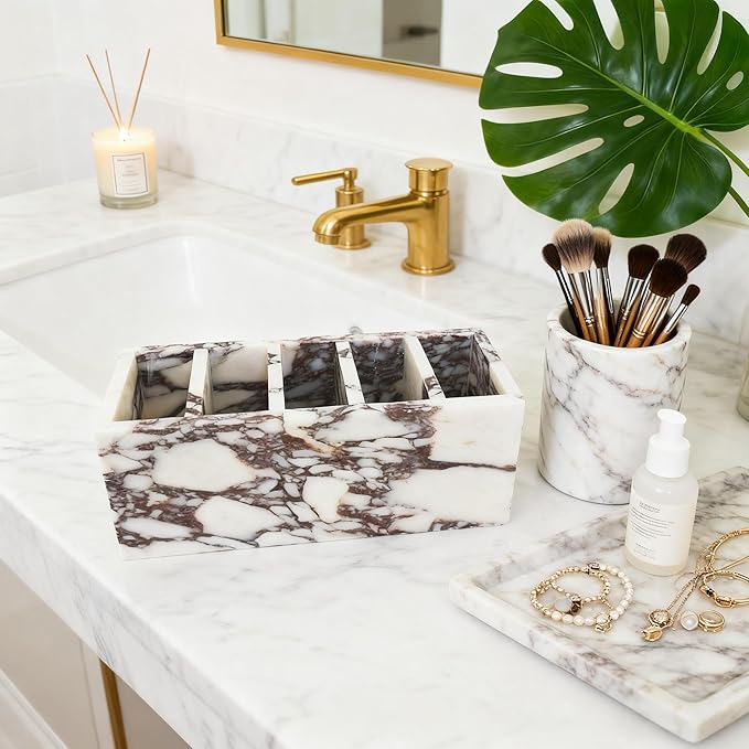 5-Tier Marble Desktop Organizer for Office & Beauty Tools - Stackable Makeup Brush Storage, Coffee Accessories Holder with Natural Stone Pattern, Multi-Layer Countertop Tray