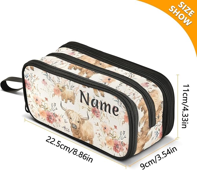 Custom Cute Highland Cows Flowers Pencil Case Box Boys Girls Personalized Name Large Pencil Pouch Stationery Pen Bag Organizer for Kids Adults School Office