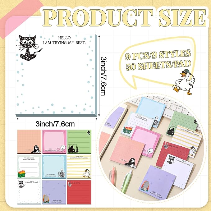 9 Pads Cute Sticky Notes Cartoon Self Stick Notepads 3x3 Inches Notes Adhesive Memo Pad Office Decor Gifts for Students School Teacher Office Meeting (Funny)