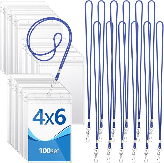 Chuangdi 100 Pcs Large 4 x 6 Inch Clear ID Badge Holder with Lanyard Waterproof Vertical Badge ID Card Holders Clear Plastic Tags Transparent PVC Pouch for Office (Blue Lanyard)
