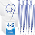 Chuangdi 100 Pcs Large 4 x 6 Inch Clear ID Badge Holder with Lanyard Waterproof Vertical Badge ID Card Holders Clear Plastic Tags Transparent PVC Pouch for Office (Blue Lanyard)