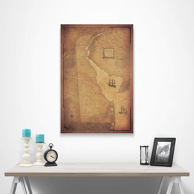 Conquest Maps Push Pin Delaware Map Board - With Push Pins to Mark Delaware Travels - Handmade in Ohio, USA - Design: Golden Aged