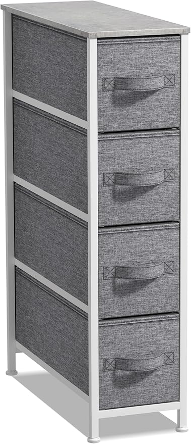 Sorbus Narrow Dresser with 4 Drawers - Vertical Slim Storage Chest of Drawers with Steel Frame, Wood Top & Easy Pull Fabric Bins for Small Spaces, Closets, Bedroom, Bathroom & Laundry (Gray)