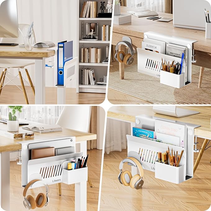 Litwaro Desk Side Storage, No Drill Laptop Holder with Magnetic Pen Holder, Under Desk Laptop Mount with Sticky Headphone Holder, Hanging Desks Organizer Fits Flat Edges 0.4" to 2" (White)