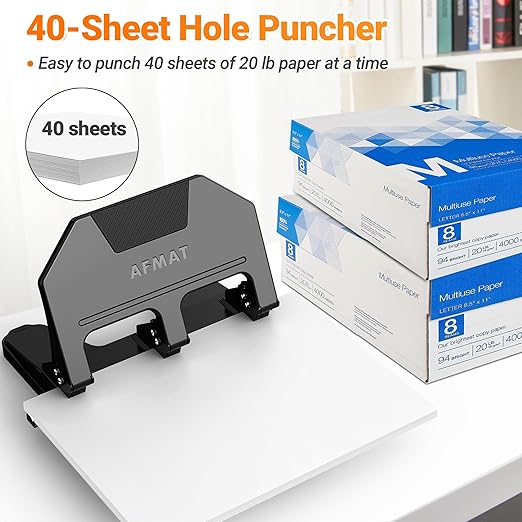 AFMAT 3 Hole Punch Heavy Duty, 9/32" Hole Diameter, 40-Sheet 3 Hole Puncher for Binder, 50% Reduced Effort, Metal Three Hole Punch w/ 10,000+ Uses, Bulit-in S.S. Paper Guide, Large Chip Tray, HPX3