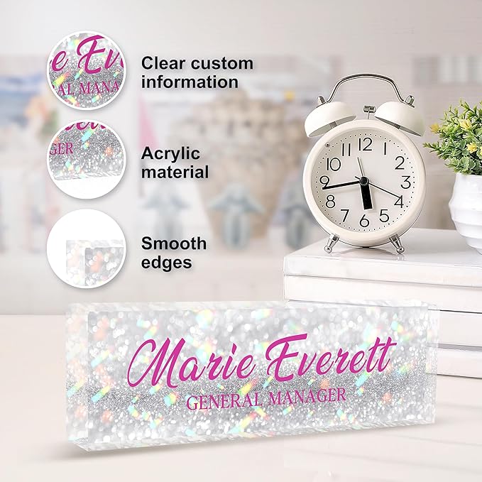 Custom Name Plate for Desk | Personalized Desk Name Plate | Personalized Boss Employee Appreciation Gifts | Acrylic Name Plate Office Desk Accessories (A-Silver Colored Crystal)