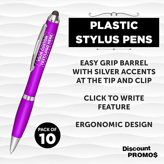 DISCOUNT PROMOS Custom Plastic Stylus Pens Set of 10, Personalized Bulk Pack - Black Ink, Great for Office, School, Business, Tradeshows, Events - Purple