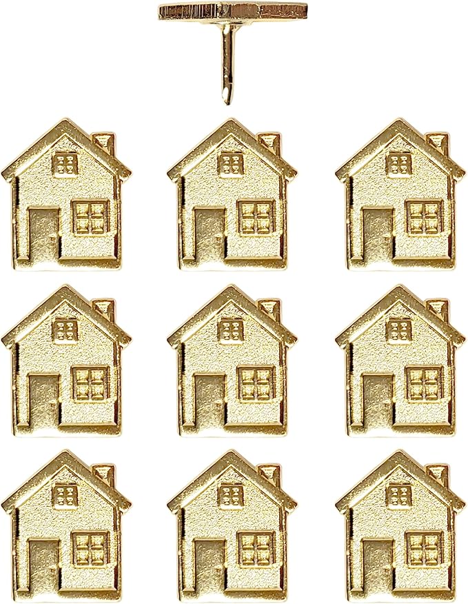 Big House Push Pins - Gold Metal Home Pins - for Cork Board, Maps, or Lapel Pin Use - Designed in USA - Set of 10