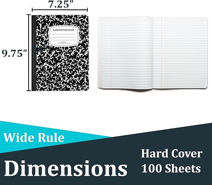 VEEBOOST Composition Notebooks, Wide Ruled Composition Notebook, Hard Cover Marble Composition Notebook, 100 sheets (200 Pages) (12, Wide Ruled)