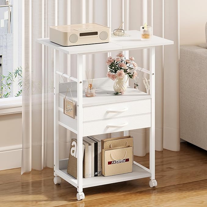 Large Printer Stand with Storage Fabric Drawer Under Desk Printer Table with Wheels for Home Office, Printer Cart fit Fax Machine Scanner (White, 3 Tiers)