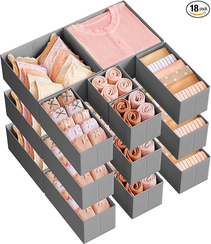 SONGMICS Drawer Organizers, Dresser Divider Organizers, Set of 18, Foldable Fabric Storage Boxes for Socks, Underwear, Bras, Ties, Scarves, Dove Gray URDZ006G05