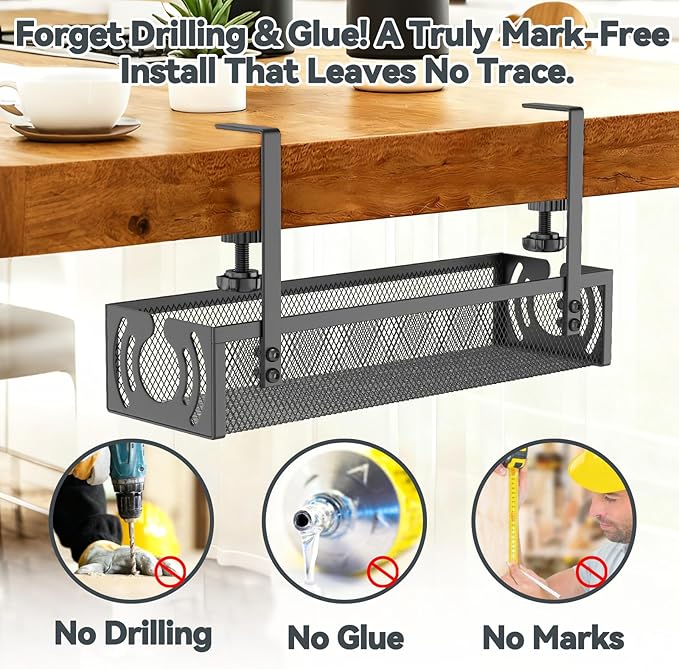 Cable Management, 15'' Under Desk Cable Management Tray No Drill, Metal Cable Organizer with Clamp for Wire Management, Cord Organizer for Home Office, Desk Accessories Organizer, Black