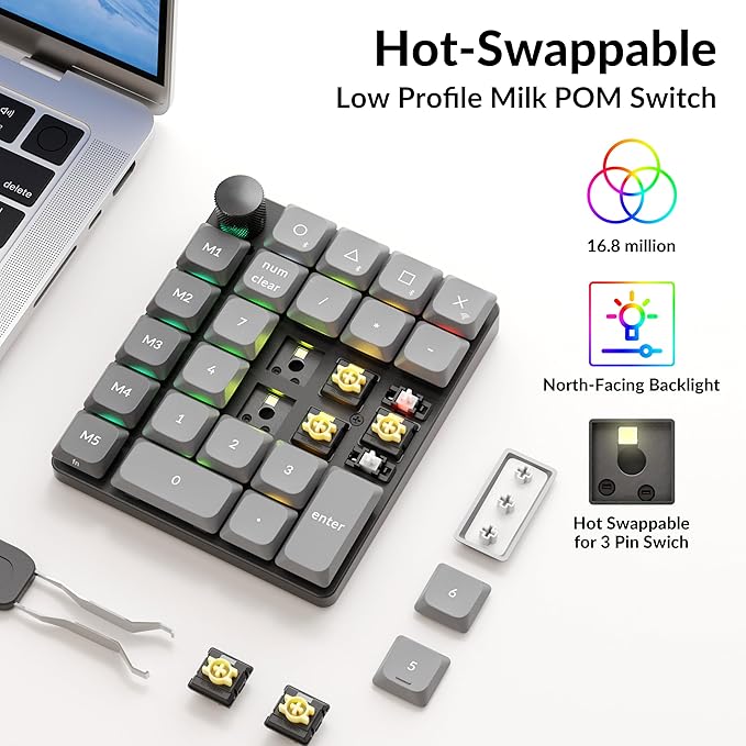 Keychron K0 Max Wireless Low-Profile Number Pad, QMK/VIA Programmable, Hot-Swappable Banana Switch, RGB Backlit, 2.4GHz & Bluetooth 5.3, 1000Hz Polling Rate, with Knob, for Windows/Mac