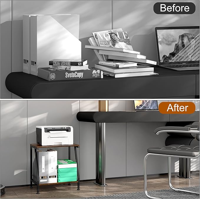 Under Desk Printer Stand with Storage, 2 Tier Small Printer Table with Shelf, Desktop Organizer for Home Office Kitchen, Rustic Brown