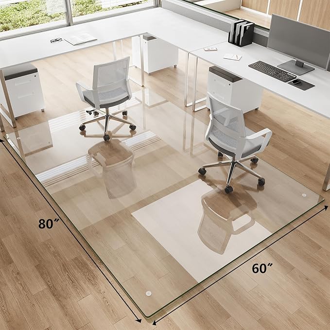 Tempered Glass Chair Mat for Carpet & Hard Floor, 60"x80" Office Chair Mat - Heavy Duty & Scratch Resistant, Non-Slip Pads, Rounded Corners & Polished Edges