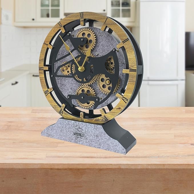 Desk Clock 10 inches with Real Moving Gears Convertible into Wall Clock (Brown and Grey)