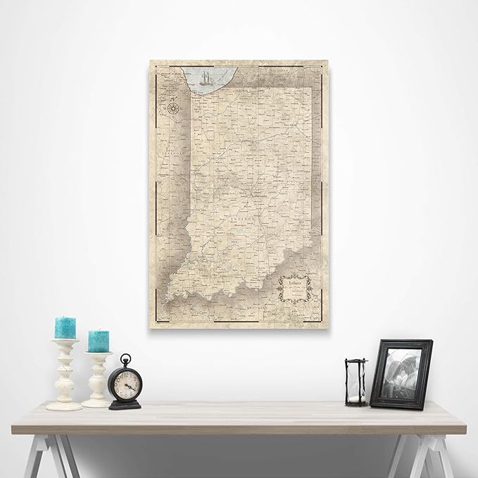 Conquest Maps Push Pin Indiana Map Board - With Push Pins to Mark Indiana Travels - Handmade in Ohio, USA - Design: Rustic Vintage