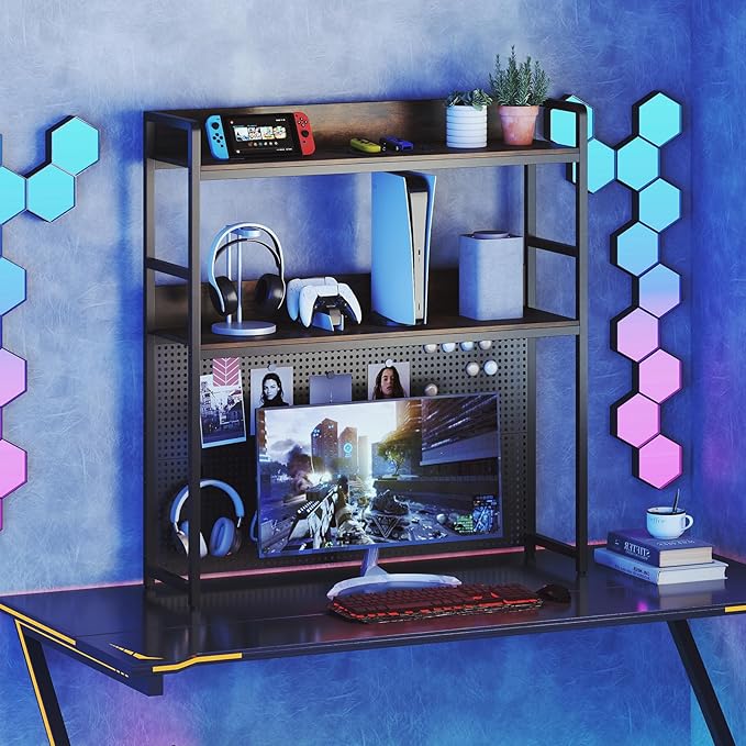 Tangkula Desktop Bookshelf, Multipurpose 2-Tier Desk Hutch with Pegboard, Industrial Countertop Storage Organizer Rack for up to 32" Computer Monitor, Hutch for Dorm Home Office (Rustic Brown)