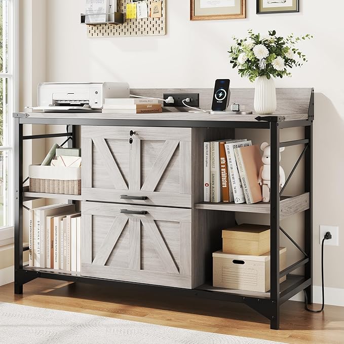 44" File Cabinet, Lateral Filing Cabinet for Home Office with 2 Drawers, Office Storage Cabinet with Lock and Key, Wooden Printer Stand with 4 Storage Shelves and Power Outlets