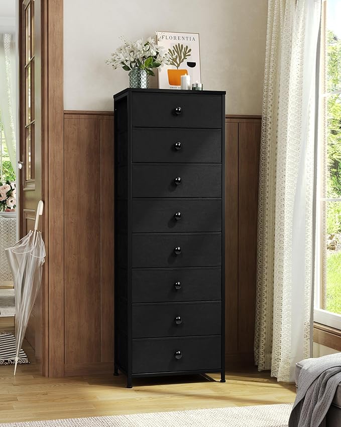 Crestlive Products Tall Dresser, 8-Drawer Fabirc Storage Tower, Chests of Drawers - Vertical Organizer Unit for Bedroom, Hallway, Entryway, Nursery, Closets - Steel Frame, Wood Top & Handles (Black)