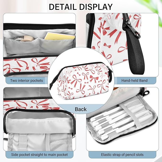 Red Bow Pencil Case Pouch Big Capacity Pencil Bag Box Organizer Pen Case with Handle Pencil Cases for Girls Boys Women School College Office