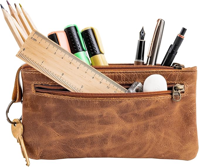 Moonster Leather Pencil Case Pouch 8" x 4" - Leather Pen Case with Zipper