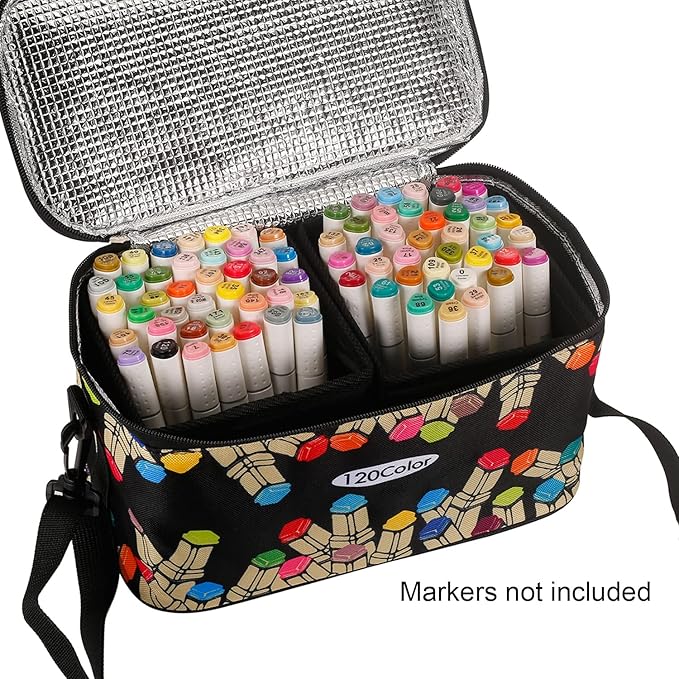 Toprema New Marker Pen Case Holder for 120 Markers Organizer Multifunctional Zipper Storage Carrying Bag with Pattern Black