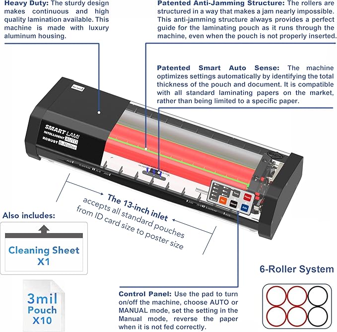 SINCHI 6-Roller, Auto Sense, 3-10 Mil Laminating Machine for Office and School, 50-Second Warm-up, 47 Inches/Minute, Never-Jam, Heavy Duty, 13-inch Thermal Laminator Machine 11x17