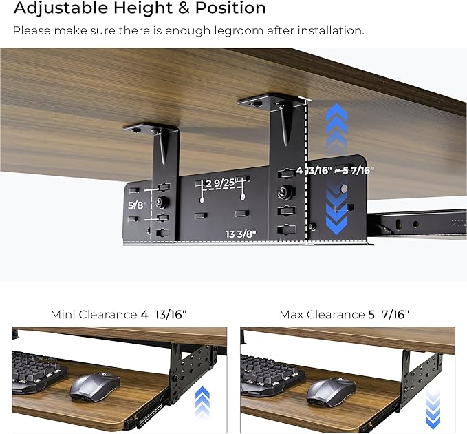 EUREKA ERGONOMIC Adjustable Keyboard Tray Under Desk, 28x11 Inch Large Slide Out Keyboard & Mouse Platform Tray, Wooden Pull Out Computer Keyboard Drawer for Typing Home Office Desk, Walnut