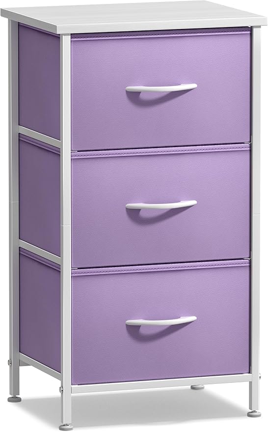 Sorbus Nightstand with 3 Drawers - Bedside Furniture & Accent End Table Chest for Home, Bedroom Accessories, Office, College Dorm, Steel Frame, Wood Top, Pastel Fabric Bins (Purple)