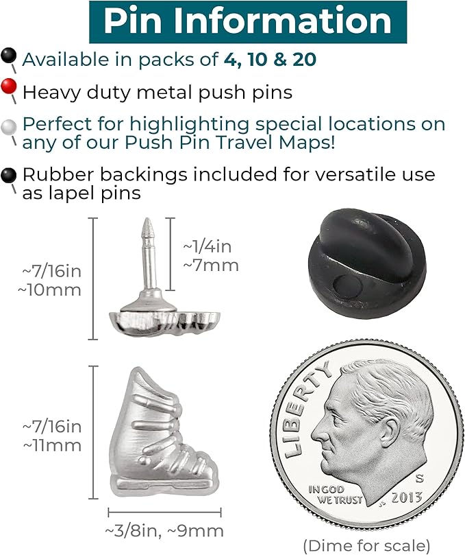 Ski Boot Push Pins - Silver Ski Boot Pins - for Cork Board, Maps, or Lapel Pin Use - Designed in USA - Set of 20