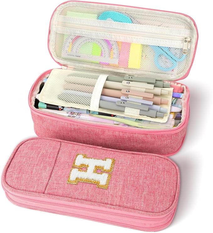 Large Capacity Pink Pencil Case, Cute Pencil Case Pencil Pouch with Zipper For Girls Women, Expandable Preppy Pencil Bag Large Storage High Capacity Bag Organizer for School Home Office Supplies, H