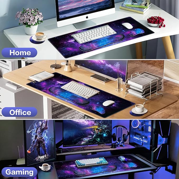 Mouse Pad Galaxy with Wrist Rest, 4-in-1 Large Mousepad+Keyboard Wrist Rest+Mouse Pad Wrist Support+Cup Pad Set,Ergonomic Mouse Pad,Anti-Slip,Memory Foam Desk Mat for Home Office Gaming(35.4×15.7in)