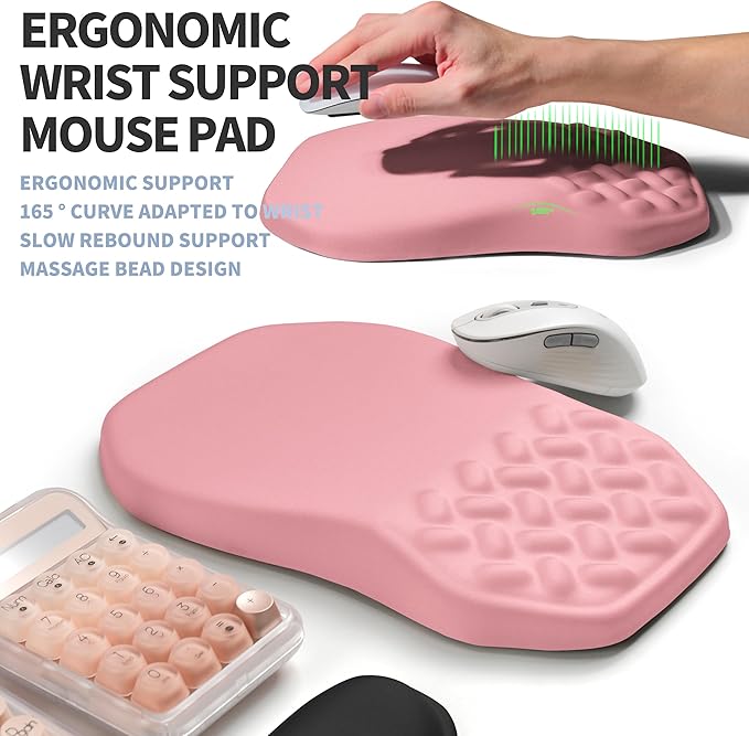 2-in-1 Ergonomic Set, Wave Keyboard Wrist Rest and Massage Slope Mouse Pad Wrist Support, Rebound Memory Foam for Relieve Carpal Tunnel Syndrome and Wrist Pain (Pink)