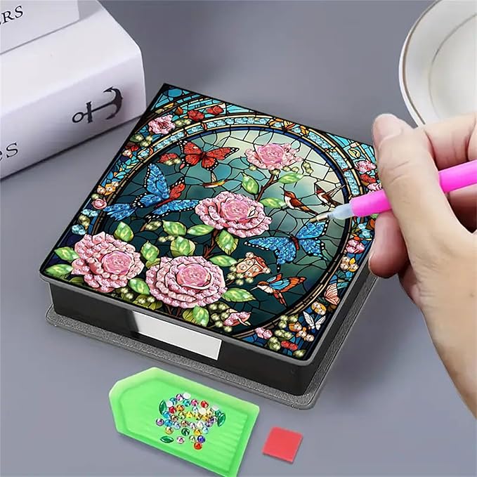 Flower Diamond Painting Kit Note Box,Memo Paper Storage Box Diamonds Art,Sticky Note Holder Diamond Art,Diamond Painting Memo Pad For Office Desk. (Flower2)